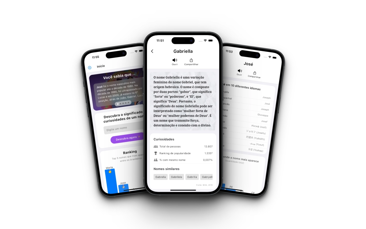 3 Telefones com imagens do aplicativo Namefy
